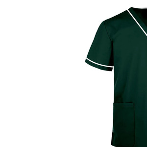 Blouse de travail vert foncé à col en V et manches courtes avec bordure contrastante pour infirmière hospitalière - Product Image 5