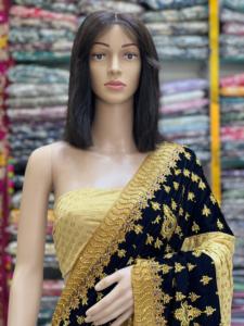 Sari de terciopelo puro con blusa de seda Malai, detalle de bordado elaborado, elegante borde decorativo que añade un toque refinado - Product Image 5