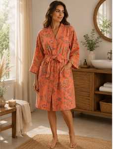Floral Print Vintage Sexy Soft Women's 100% Cotton <b>Waffle</b> Texture Kimono <b>Bathrobe</b> Full Length Drawstring Cinched Waist Lounge - Product Image 1