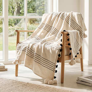 Blue Grey Striped Cotton <b>Throw</b> Blanket 125x150 cm with Decorative Fringe for Coastal Farmhouse Sofa and <b>Chair</b> Décor - Product Image 4
