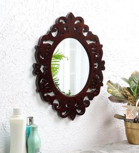 Miroir mural ovale en bois artisanal, cadre sculpté décoratif, miroir d'appoint vintage brun - Product Image 4