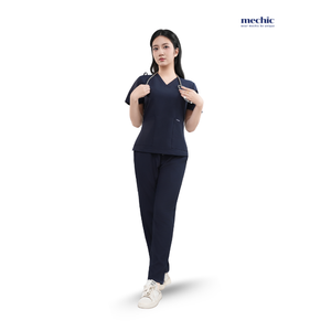 Conjunto de Uniforme Médico para Mujer, Cuello en V, Color Azul Marino, Manga Corta, Tejido de Algodón y Poliéster, Incluye Pantalones - Product Image 2