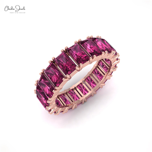 Anillo de Boda de Oro Sólido de 14K de Fabricante Asiático con Gema de Granate Rodolita Natural de Corte Octogonal de 5x3mm, Banda de Eternidad para Ella - Product Image 1