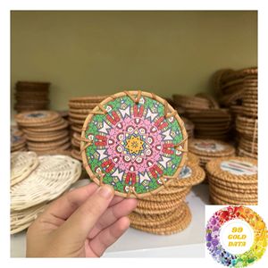 Handcrafted Rattan <b>Drink</b> <b>Coaster</b> 10cm with Colorful Mother of Pearl Inlay for Gift Shops Home Decor and Table Settings - Product Image 1