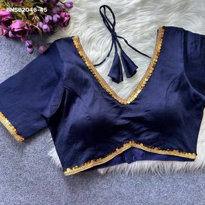 Colección de blusas de alta calidad en satén Malai con encaje dorado, listas para usar, de manga corta, cuello en V y corte tipo manzana, proveedor de Surat. - Product Image 5