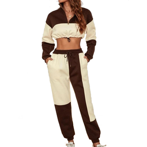 Ensemble de survêtement pour femme, sweat-shirt court à blocs de couleur, manches longues, coupe ample, vêtements décontractés avec poches, vêtements de sport pour toutes les saisons - Product Image 1