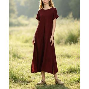 Luxury Burgundy O-Neck Cotton Linen Midi <b>Dress</b> With Short Sleeve Boho Style <b>Loose</b> Fit Summer Casual Daily Wear - Product Image 2