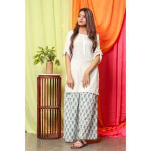 Ensemble Kurta pour femme en coton respirant et fibre de bambou, blanc perle, taille XS, avec haut à manches trois-quarts - Product Image 4