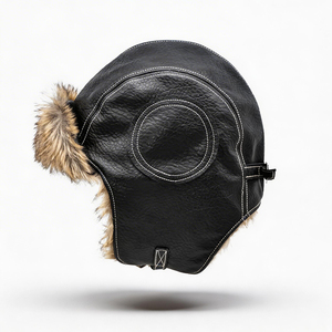 Chapeau d'aviateur unisexe en cuir noir avec doublure en fausse fourrure, style vintage, coupe-vent, bonnet de ski en tissu courant pour l'hiver - Product Image 2