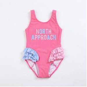 Pink Girls One Piece Swimsuit With Ruffles And North Approach Print Front Round Neck Stretch Swimwear - Product Image 1