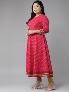 Kurta Anarkali en coton imprimé rose doré, taille plus, col rond, manches trois quarts, tenue parfaite pour femmes - Product Image 3