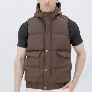 Chaleco Acolchado Sin Mangas con Capucha para Hombre, Color Marrón Sólido, con Cierre de Cremallera y Bolsillos, Ropa de Abrigo Informal para Invierno - Product Image 6