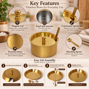 Pot à ghee en laiton martelé SHUBHAM avec couvercle et cuillère simples, récipient de service traditionnel doré pour la cuisine et la salle à manger - Product Image 4