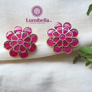 14K Gold Plated Zinc Alloy Ruby Jadau Stud Earrings with Zircon and Pearl - Product Image 1