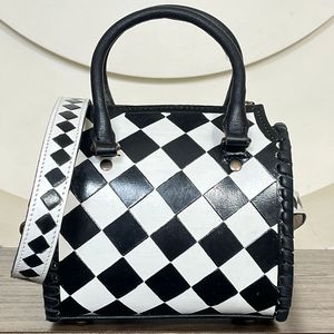 March Expo Checkered Pattern Genuine Cowhide Leather Speedy <b>Bag</b> with Turquoise Concho Personalised <b>Small</b> Shoulder <b>Bag</b> for Unisex - Product Image 6