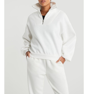Sweat-shirt oversize en molleton blanc pour femme, col montant, manches classiques, couleur unie, respirant, écologique, coupe-vent - Product Image 1