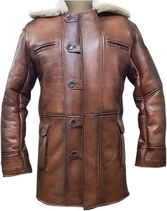 Veste d'hiver en cuir véritable marron pour homme avec doublure en fausse fourrure, col rabattable, coupe-vent, style décontracté long - Product Image 1