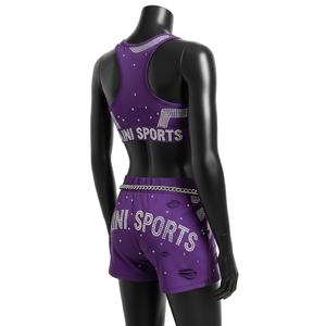 Ensemble short et haut pour femme Premium, 230 GSM, polyester et élasthanne, panneau rayé violet, strass thermocollés, coton. - Product Image 5