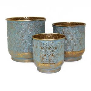 Ensemble de jardinières en métal antique pewter avec motif circulaire et poignées pour la décoration intérieure, jardinière à poser au sol pour jardin et pelouse - Product Image 4