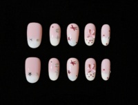Faux ongles à presser ovales roses faits main avec nœud français, ongles en gelée blanc laiteux à coller, réutilisables et ajustables sur mesure