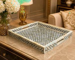 Bandeja Otomana Artesanal de Hueso con Incrustaciones de Concha, Decorativa Floral/Geométrica, para Mesa de Centro, Diseño Moderno Rústico - Product Image 5