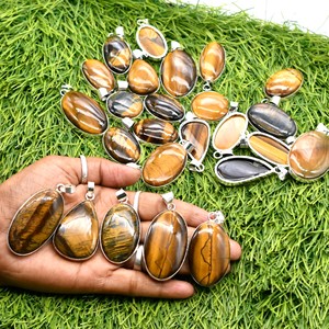 Pendentifs en pierre œil de tigre de formes variées, lot de bijoux en pierres précieuses plaqué argent 925 - Product Image 1