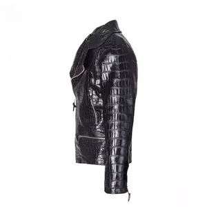 Men's Customizable <b>Black</b> Embossed PU Leather Canvas Moto <b>Jacket</b> Turn-Down Collar Zipper Closure Slim Fit Reversible Windproof - Product Image 3