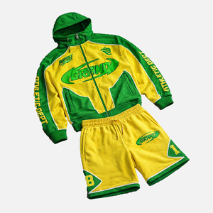 Ensemble court personnalisé imprimé numériquement en patchwork, 100 % coton molletonné, avec sweat à capuche zippé, ensemble de survêtement brodé, logo streetwear - Product Image 5