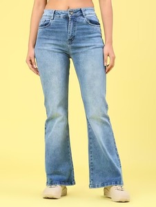 Women's Casual Blue Denim <b>Boot</b> Cut Jeans Mid Waist Knee Length Flattering Relaxed Fit Vintage Versatile - Product Image 2