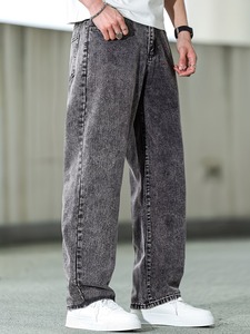Jeans vintage gris délavé à l'acide pour homme, coupe large |   Décontracté et ample |   Pantalon décontracté à jambe droite, uni, écologique, en spandex/coton, séchage rapide - Product Image 2
