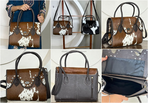 Sac à main de luxe en cuir de vachette marron et blanc avec poignées tressées, accents cloutés et bandoulière réglable, sac fourre-tout à porter en bandoulière - Product Image 3