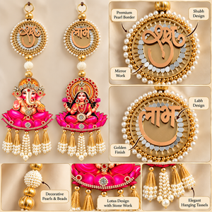 Decoración Colgante de Pared con Diseño de Ganesh Lakshmi Shubh Labh para Puerta Principal, Decoración Festiva para el Hogar con Cuentas de Perlas y Borlas - Product Image 6