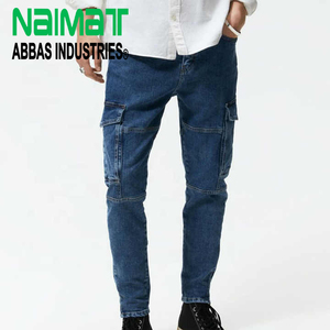 Jean cargo en denim bleu premium pour homme, coupe slim, multi-poches, en coton, durable, style décontracté et tactique pour l'extérieur - Product Image 1