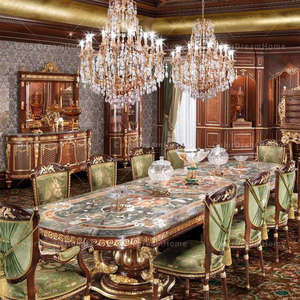 Traditional <b>Antique</b> Wooden Rectangle <b>Dining</b> Table With Marble Top And 8 <b>Chairs</b> For Home <b>Dining</b> Room Furniture - Product Image 2