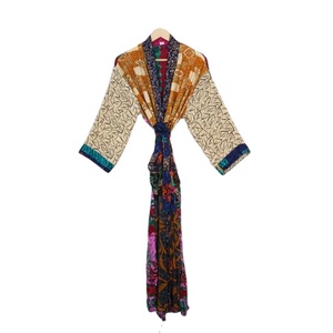 Bata de Seda de Retazos Vintage para Mujer, Cinturón de Damas de Honor Estilo Kimono Largo con Cuello en V y Cierre Frontal Reciclado, Verano Indio - Product Image 2