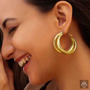 PRAO Dual Layer Golden <b>Hoops</b> Anti-Tarnish <b>Fine</b> <b>Earings</b> - Product Image 5