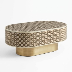 Mesa de Centro Redonda con Incrustaciones de Hueso, Diseño Geométrico Gris Hecho a Mano, con Base de Latón Dorado, Muebles Personalizados para Sala de Estar - Product Image 2