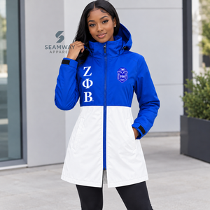 Chaqueta Impermeable con Capucha para Mujer, Diseño Color Block Azul y Blanco, con Letras Griegas, Manga Larga, Marca Zeta Phi Beta Sorority - Product Image 5
