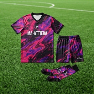 ชุดฟุตบอลแบบกำหนดเอง เสื้อ กางเกงขาสั้น สีชมพู สีม่วง ลายหินอ่อน ชุดทีม ชุดกีฬา รับผลิตแบบ OEM ODM ขายส่ง - Product Image 5