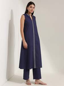 Navy Blue <b>Sleeveless</b> Maxi <b>Dress</b> With Contrast Binding Stand Collar Loose Fit Casual Daily Wear <b>Summer</b> Woven Cotton <b>Dress</b> - Product Image 3