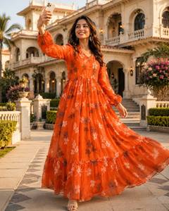Robe longue en rayonne à imprimé floral orange pour femme, style bohème ample, longueur ras du sol, tenue décontractée d'été, style ethnique Inde Pakistan - Product Image 3