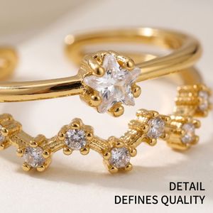 Wholesale 18K Gold Plated Stainless Steel Classic Double Layer Zircon Open <b>Ring</b> with Channel Setting and Star Detail - Product Image 5