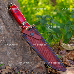 Cuchillo de Caza de Hoja Fija de Acero de Damasco Hecho a Mano, Personalizable OEM ODM, con Mango de Piedra Preciosa de Turquesa Estabilizada y Detalles de Latón - Product Image 6