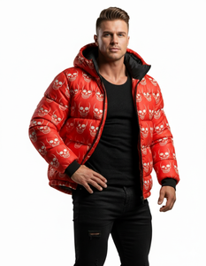 Blouson matelassé à capuche pour homme, imprimé crâne rouge, chaud pour l'hiver, style streetwear, personnalisable, vente en gros - Product Image 1