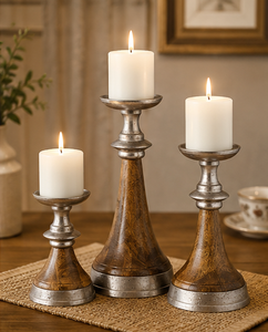 Ensemble de 3 bougeoirs vintage en bois avec base métallique pour décoration de table de mariage, événement ou banquet - Product Image 6