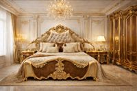 Ensemble de meubles de chambre à coucher style Birmingham en or antique, lit en teck de qualité supérieure avec tables de chevet et coiffeuse, acheter suite de chambre USA