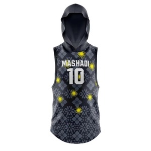 Custom Hooded Basketball Jersey Set Black Gray Yellow Pattern Player 10 Mashadi Printed Sleeveless <b>Top</b> <b>Shorts</b> Uniform - Product Image 5