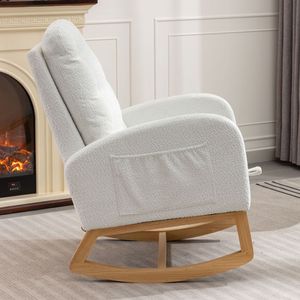 Sedia a dondolo LY 5104 con schienale alto e gambe in legno di gomma, 68 cm P x 97,5 cm L x 99,5 cm H, bianca, per camera da letto e soggiorno - Product Image 4