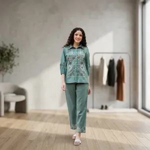 Green Linen Cotton Embroidered Floral Shirt and <b>Trousers</b> Set with Turn-<b>down</b> Collar Three Quarter Sleeve Casual Wear for Women - Product Image 2