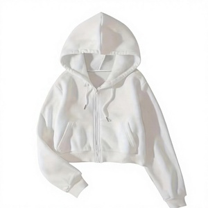 Women <b>White</b> Cropped <b>Hoodie</b> Full Sleeve Zipper Front Pocket Casual Autumn Knitted 100% Cotton Breathable Solid Color Hooded - Product Image 1